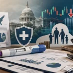 Business-policy illustration of GLP-1 medicine, prescription papers, government building, healthcare budget charts and pharmacy objects