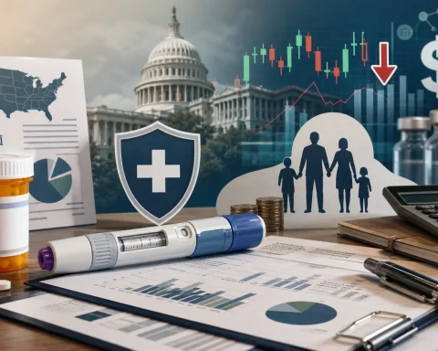 Business-policy illustration of GLP-1 medicine, prescription papers, government building, healthcare budget charts and pharmacy objects