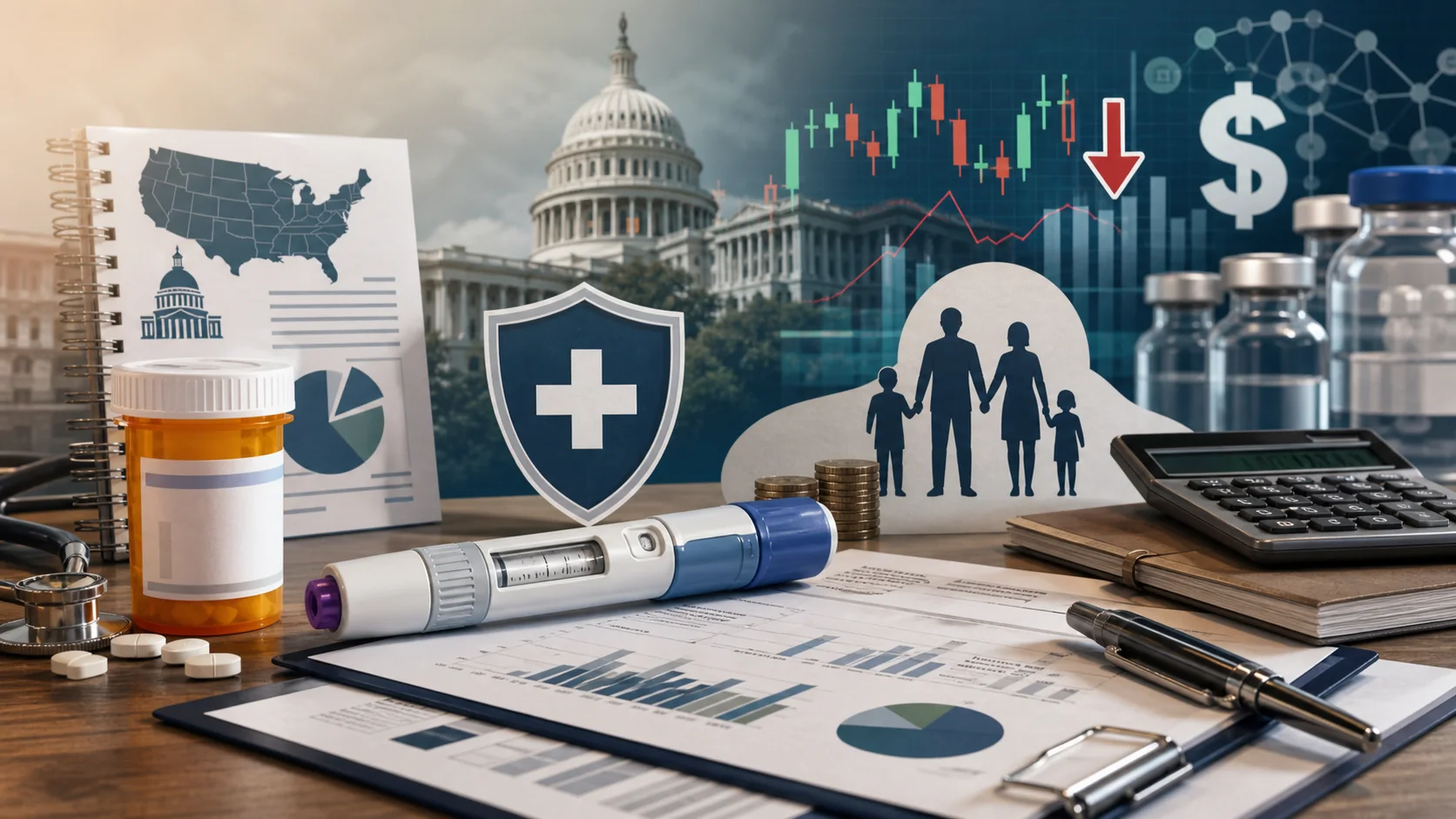 Business-policy illustration of GLP-1 medicine, prescription papers, government building, healthcare budget charts and pharmacy objects