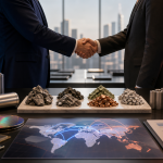 Editorial image of diplomatic handshake over critical minerals, batteries, semiconductors, and global supply chains
