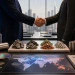 Editorial image of diplomatic handshake over critical minerals, batteries, semiconductors, and global supply chains