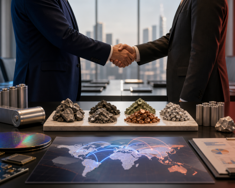 Editorial image of diplomatic handshake over critical minerals, batteries, semiconductors, and global supply chains