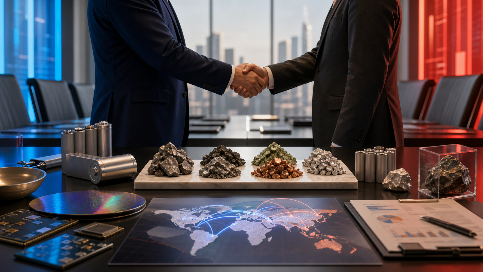 Editorial image of diplomatic handshake over critical minerals, batteries, semiconductors, and global supply chains