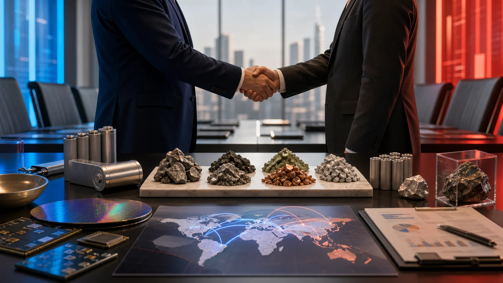 Editorial image of diplomatic handshake over critical minerals, batteries, semiconductors, and global supply chains