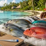 Reef fish on ice beside a travel notebook and thermometer on a tropical island market table