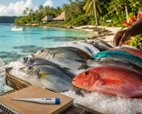 Reef fish on ice beside a travel notebook and thermometer on a tropical island market table