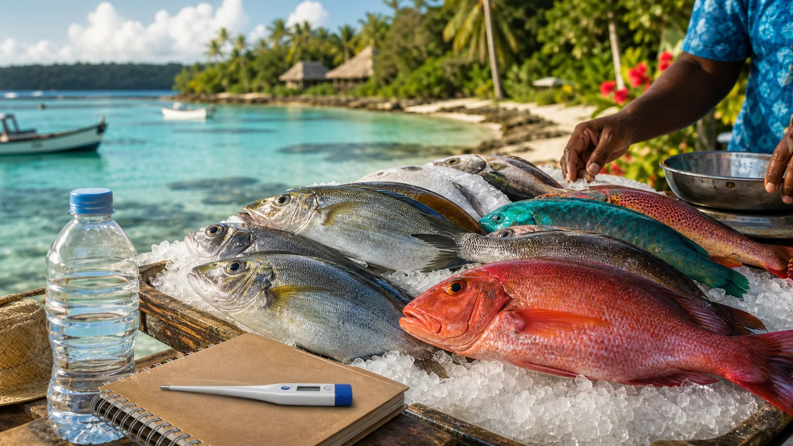 Reef fish on ice beside a travel notebook and thermometer on a tropical island market table