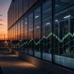 AI data center at dusk with server racks, power infrastructure and subtle stock market chart reflections