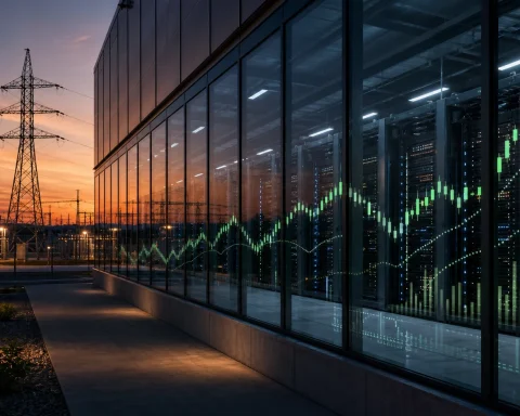 AI data center at dusk with server racks, power infrastructure and subtle stock market chart reflections