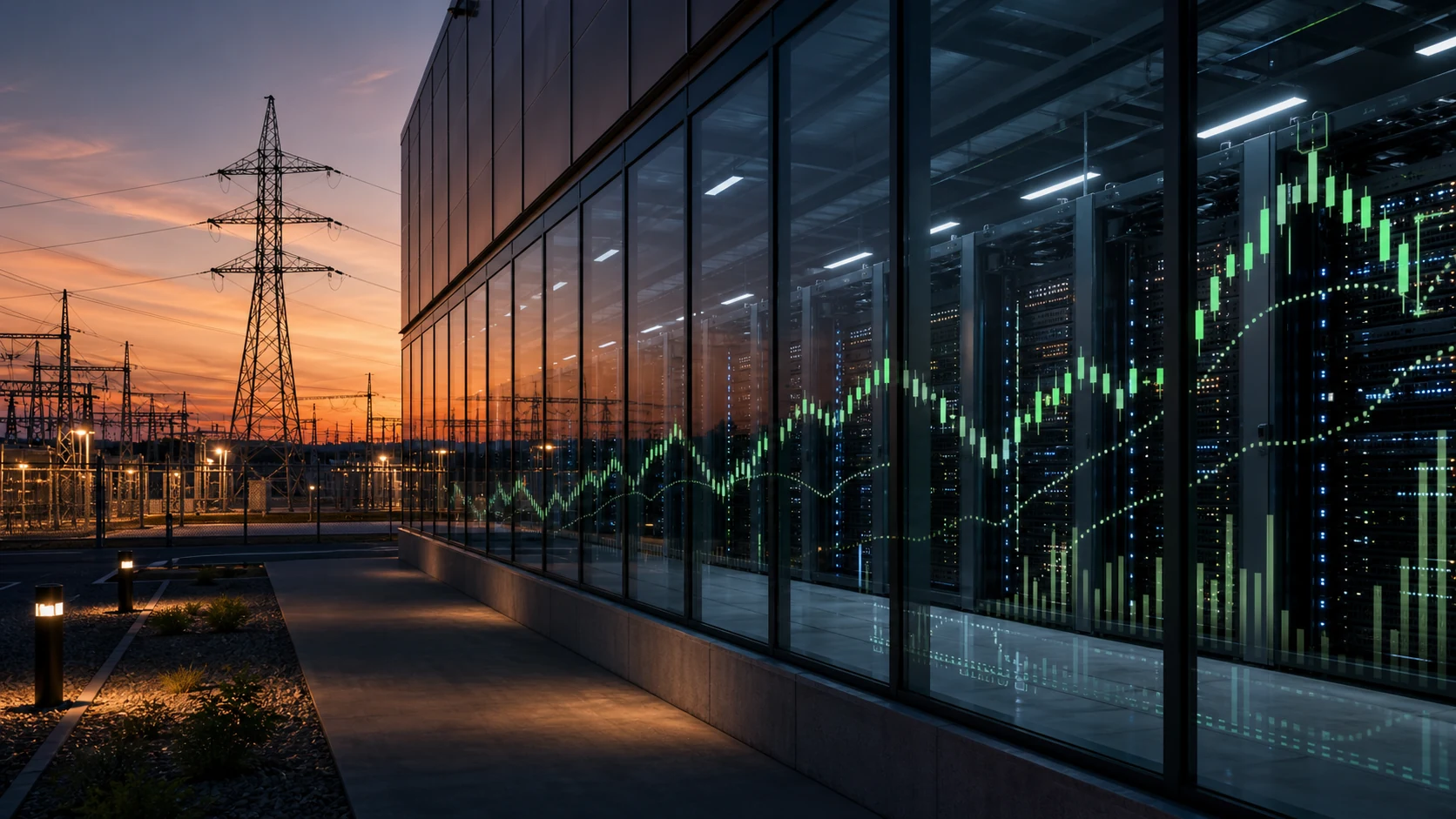 AI data center at dusk with server racks, power infrastructure and subtle stock market chart reflections