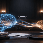Editorial illustration of AI model distillation between two neural networks in a courtroom setting