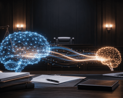 Editorial illustration of AI model distillation between two neural networks in a courtroom setting