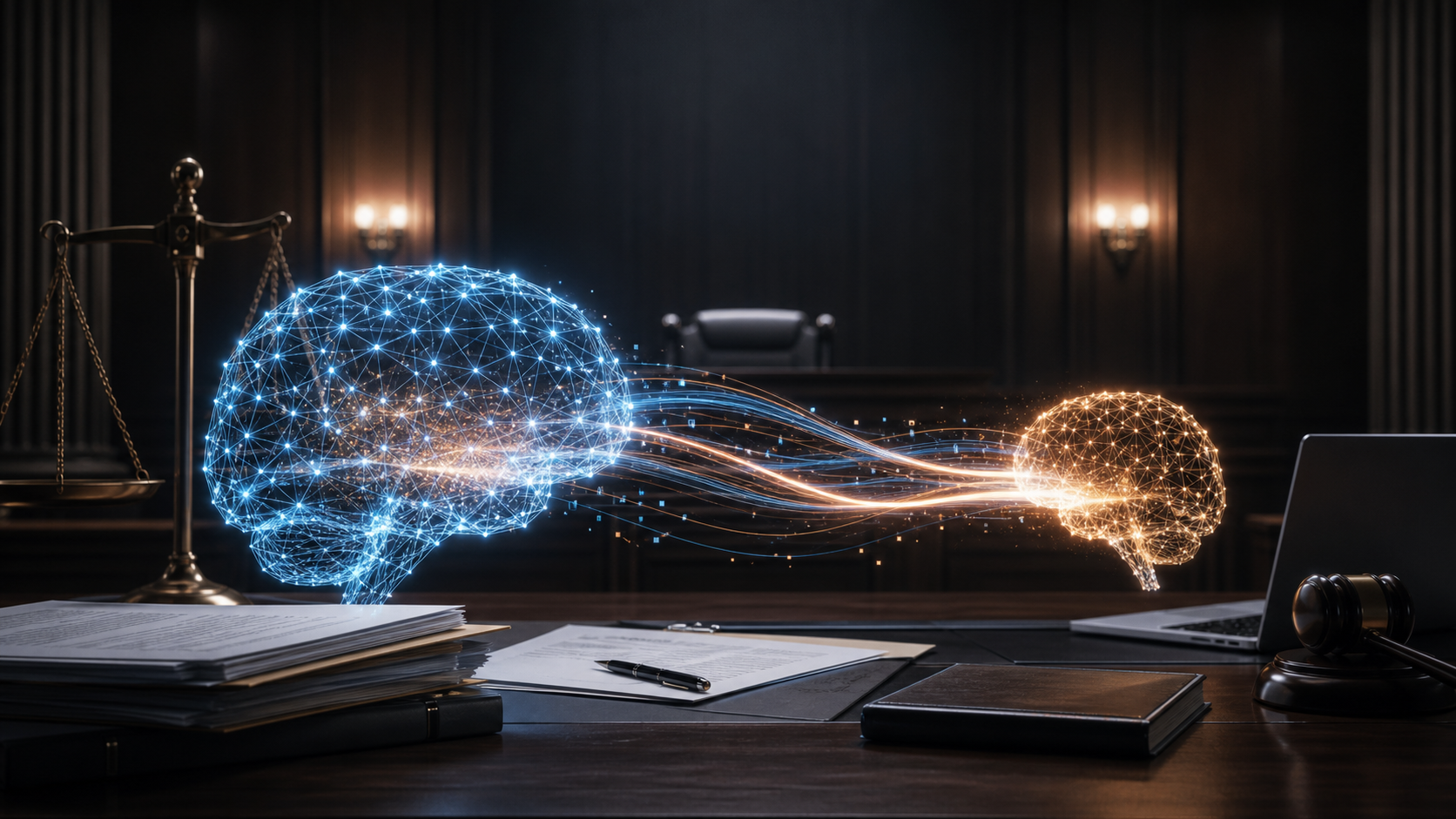 Editorial illustration of AI model distillation between two neural networks in a courtroom setting